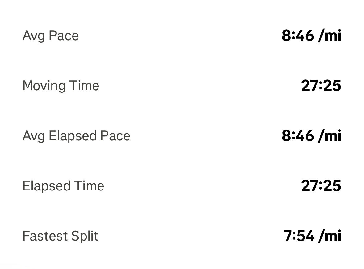 Strava pace stats showing average pace 8:46 per mile, moving time 27:25, elapsed time 27:25 and fastest split 7:54 per mile