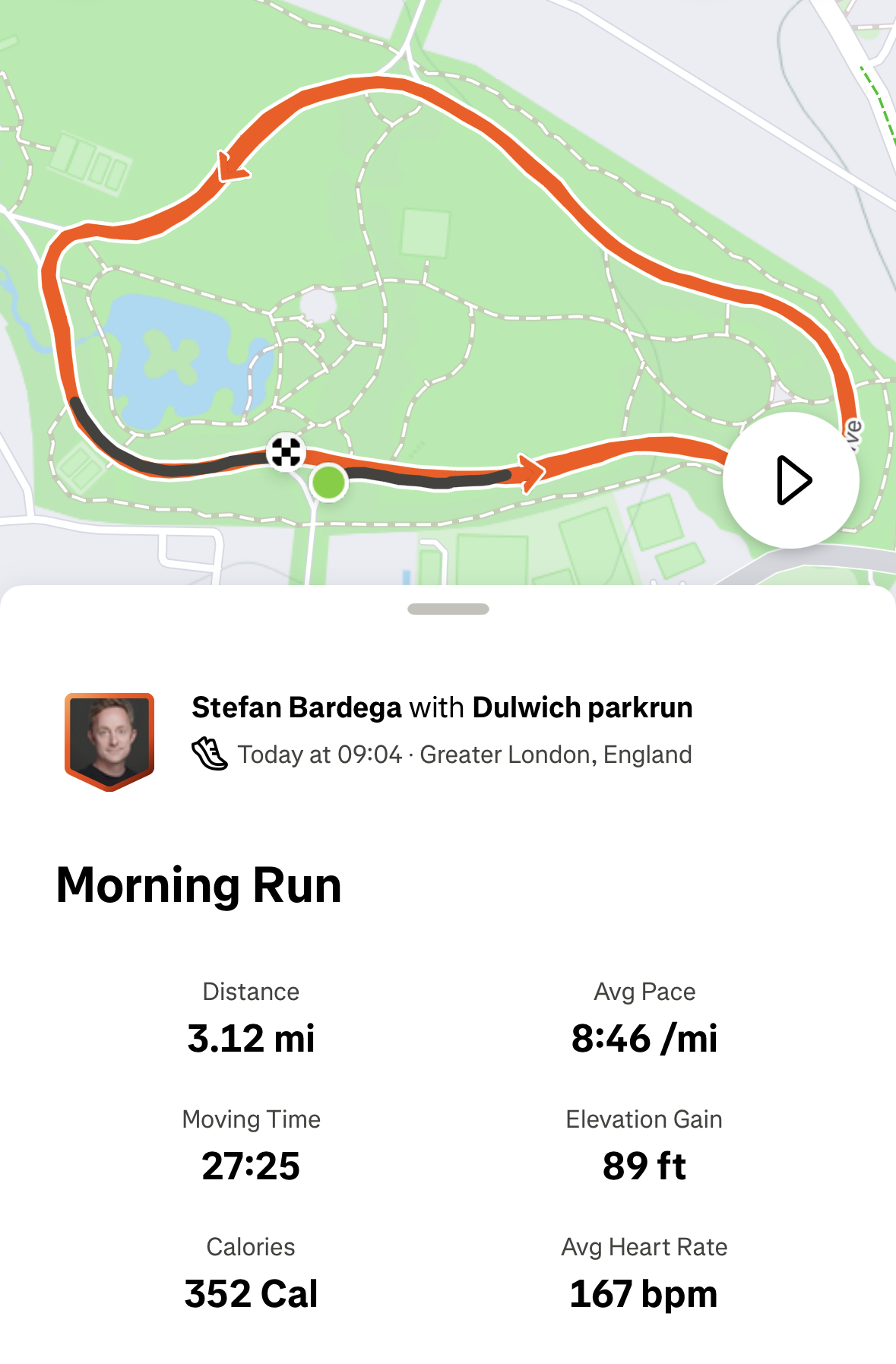 Strava run summary showing Dulwich Parkrun: 3.12 miles at 8:46 per mile average with 167 bpm average heart rate